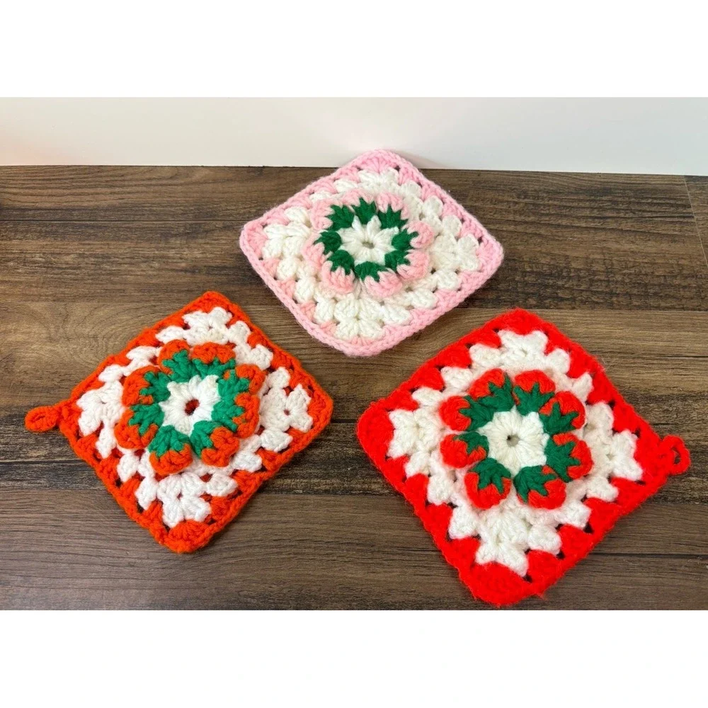 Lot Of 3 Handmade Crochet Floral Granny Square Pot Holder Trivet 6